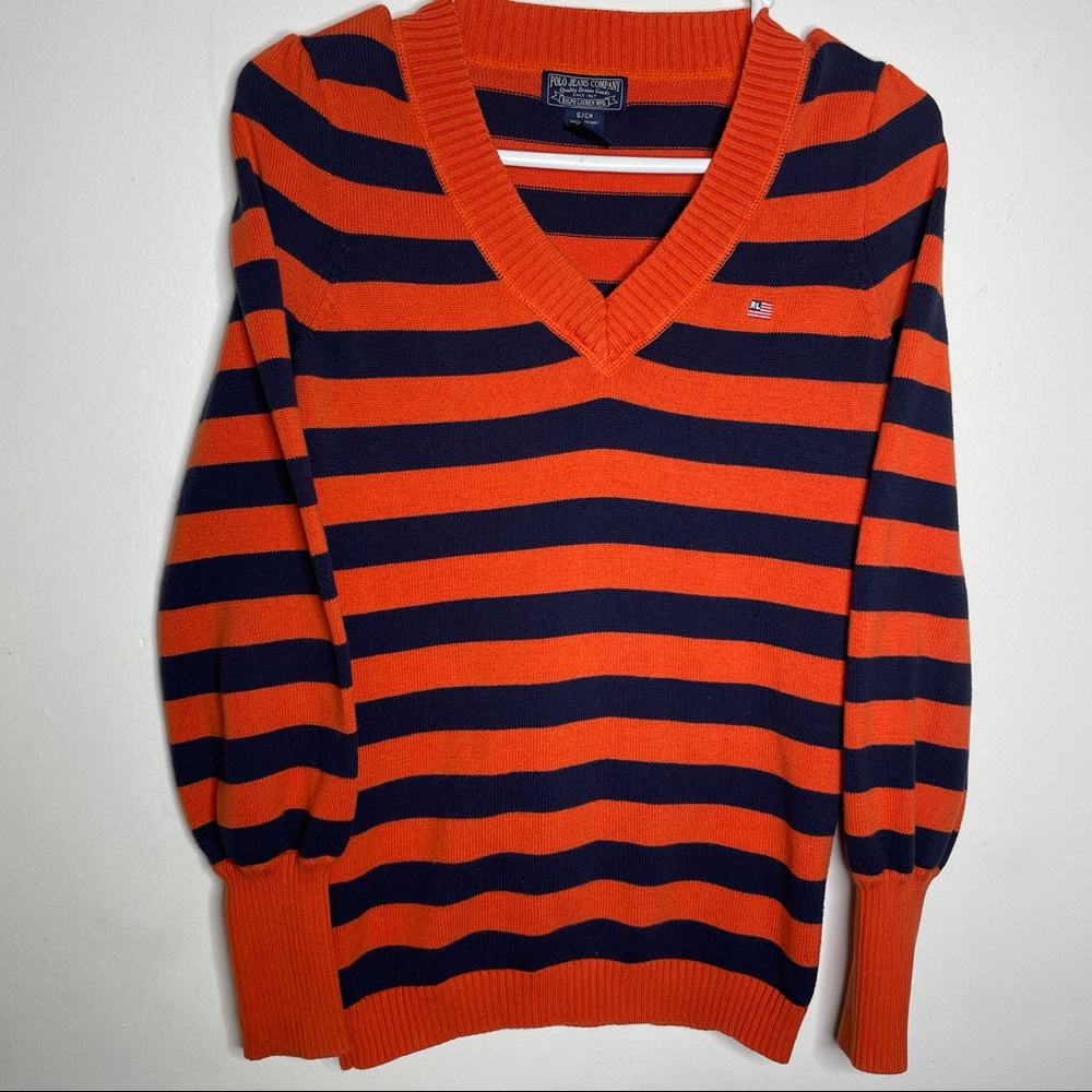 Ralph Lauren V-Neck Orange Stripped Vintage Sweater, Size Small